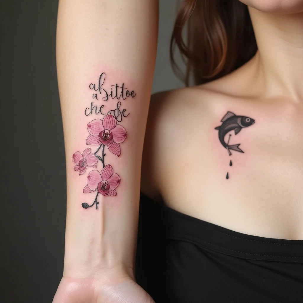 Minimalist Floral Script and Fish Tattoo Designs