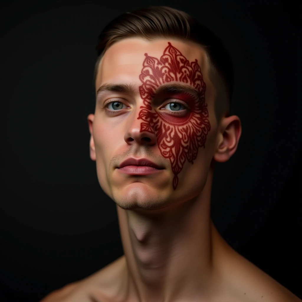 Striking XL Red-Orange Mandala Face Tattoos for Men