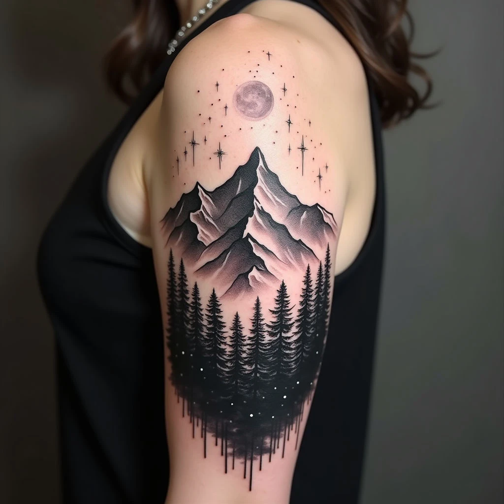 Dreamscape Ascent: A Mountain Forest Tattoo
