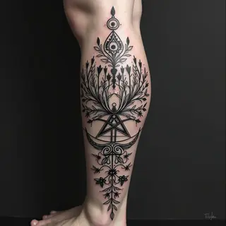 Sacred Geometry and Nature Sleeve Tattoo on Calf