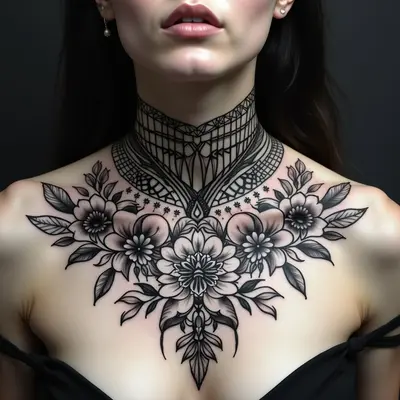 Intricate Floral Geometric Neck Tattoo