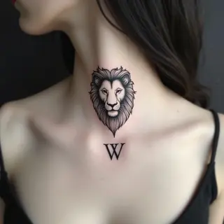 Elegant Lion and Initial Neck Tattoo Design