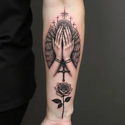 Detailed Praying Hands and Rosary Tattoo Design
