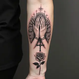 Detailed Praying Hands and Rosary Tattoo Design