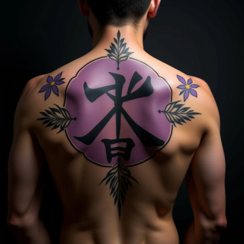 Neo Traditional Japanese Calligraphy Back Tattoo in Black & Grey with Purple Accents