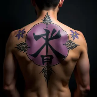 Neo Traditional Japanese Calligraphy Back Tattoo in Black & Grey with Purple Accents