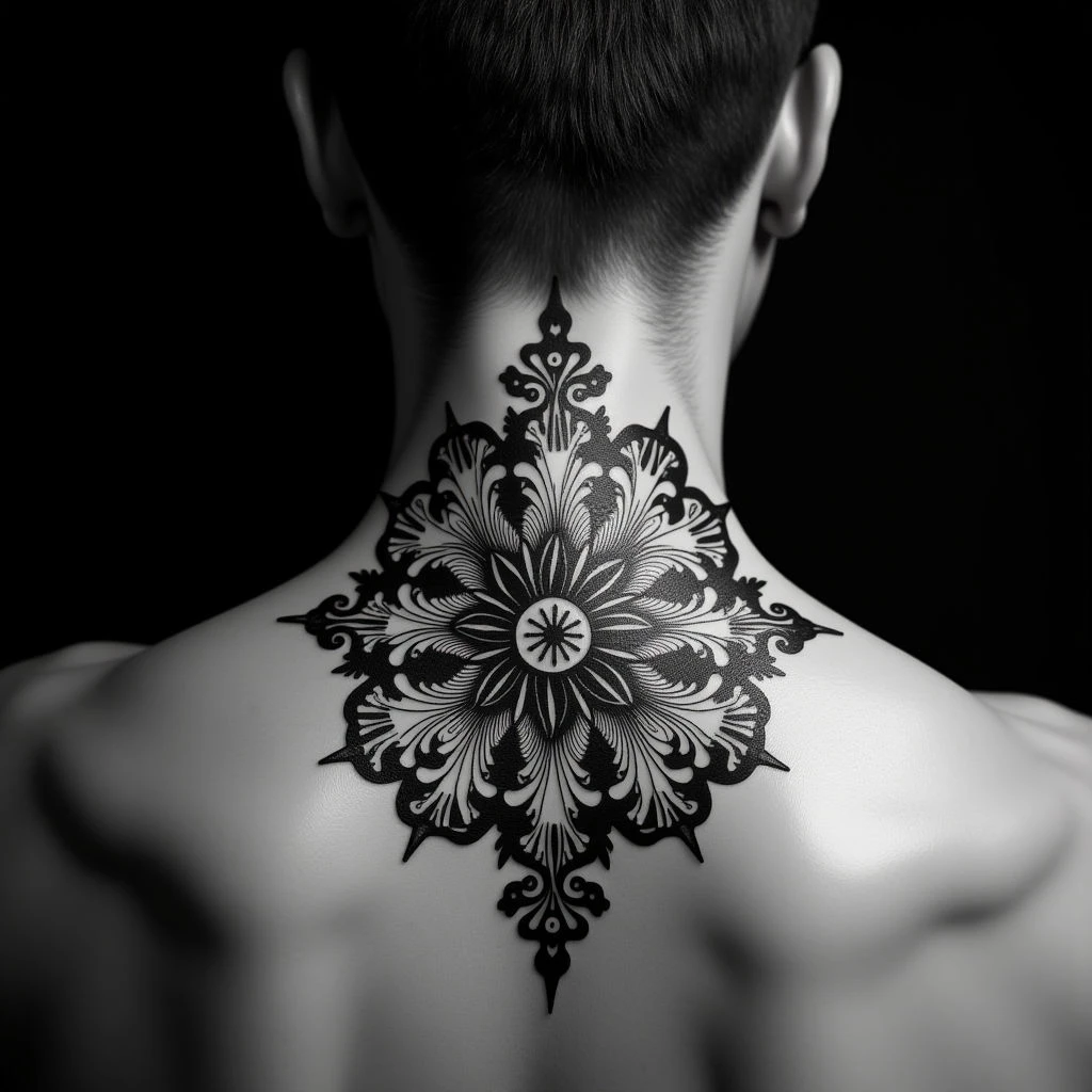 Striking XXL Neo Traditional Mandala Neck Tattoo Designs