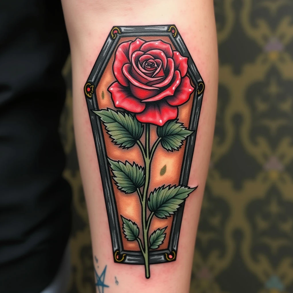 Neo Traditional Coffin Rose Tattoo Design