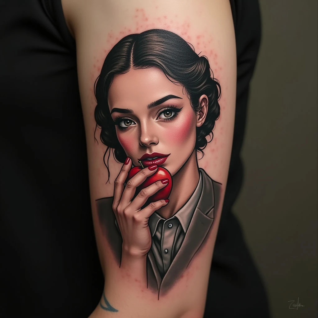 Neo-Traditional Portrait Tattoo with Symbolic Apple