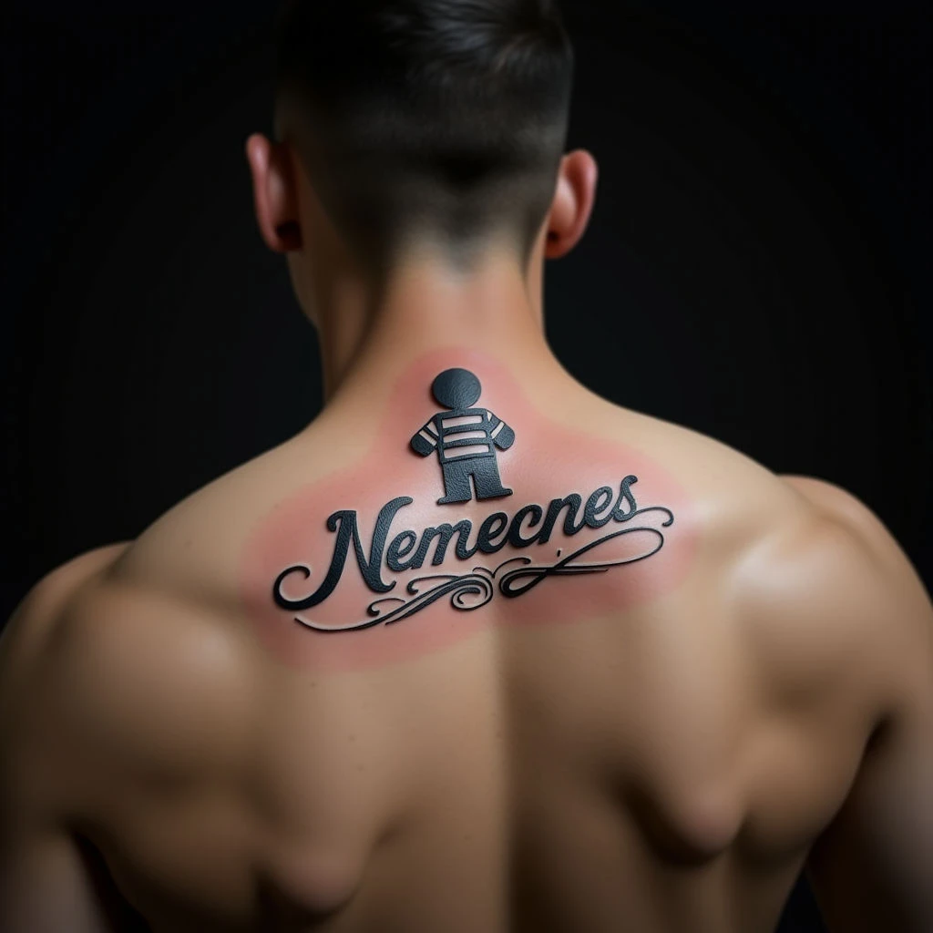 Neo-Traditional Son Name Tattoo Behind Ear - Blue Design