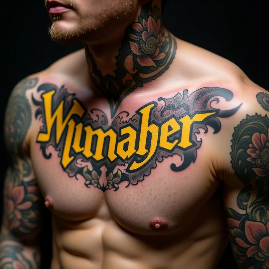 Neo-Traditional Ribcage Name Tattoos for Guys