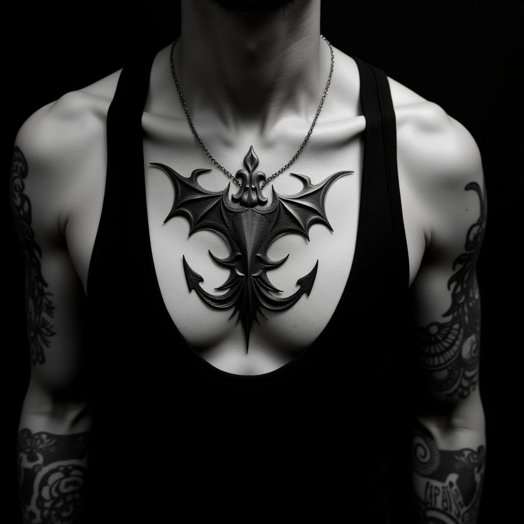Gothic New School Chest Tattoo in Grayscale