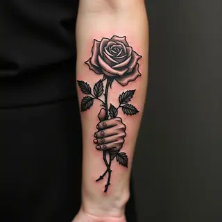 Traditional Rose and Hand Forearm Tattoo