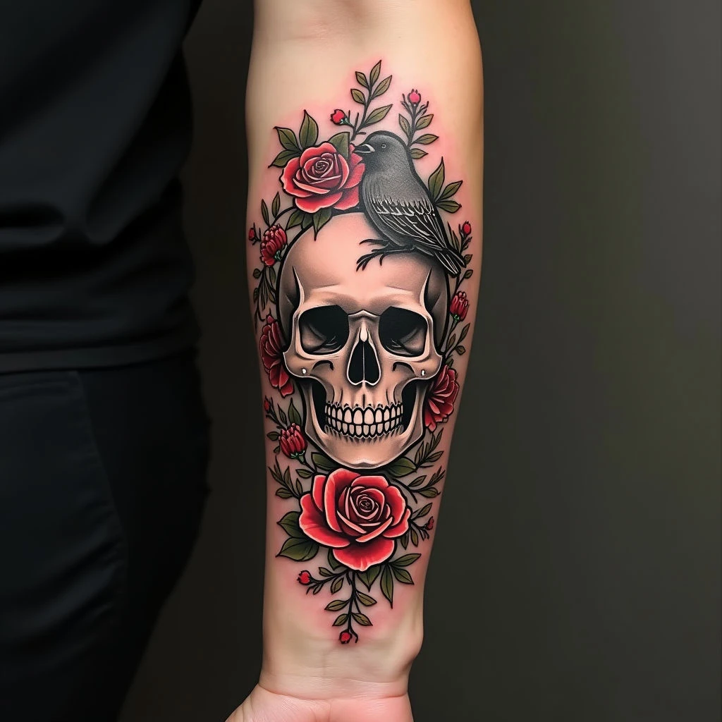 Classic Old School Forearm Tattoo: Skull and Floral Bracelet