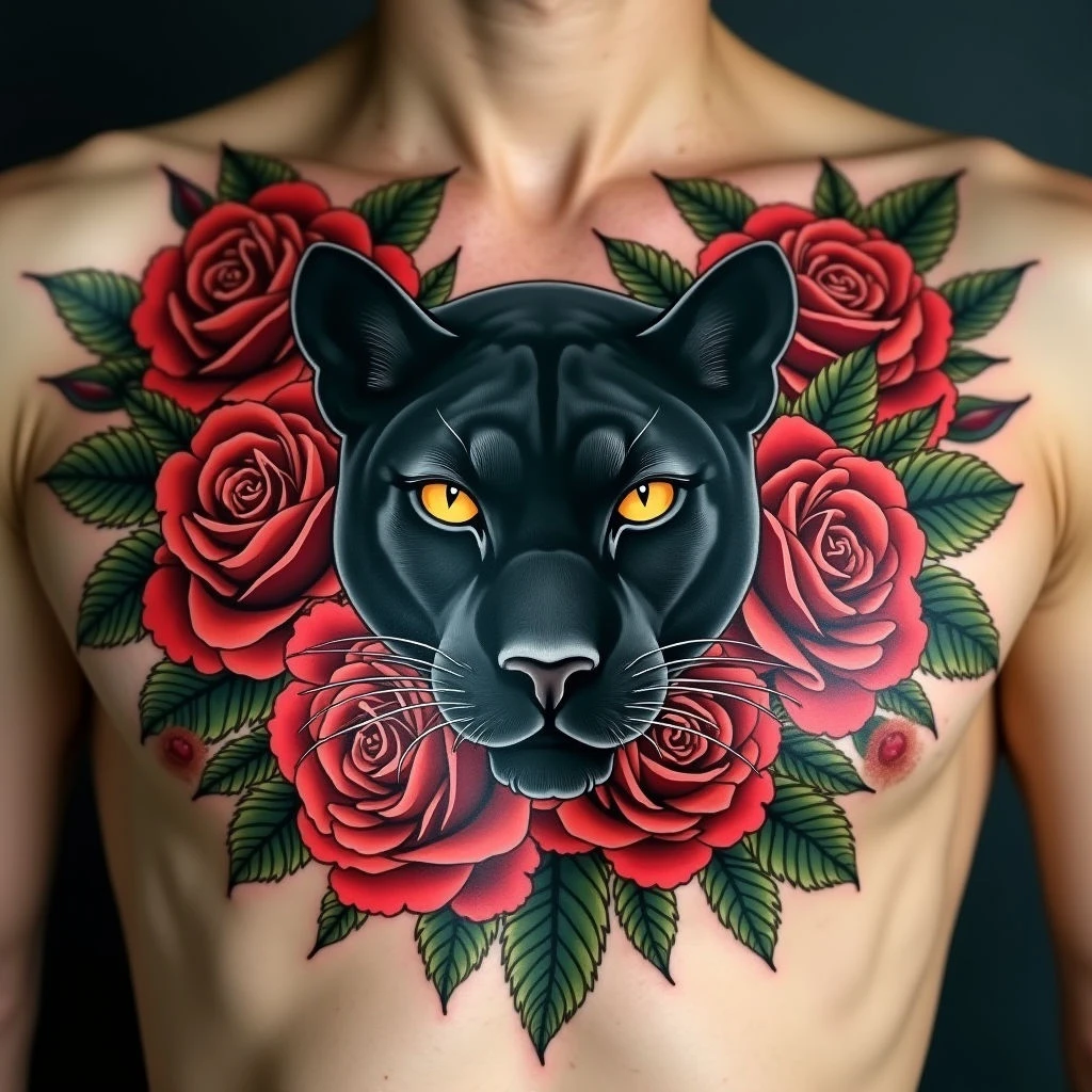 Vintage Panther and Roses Chest Tattoo