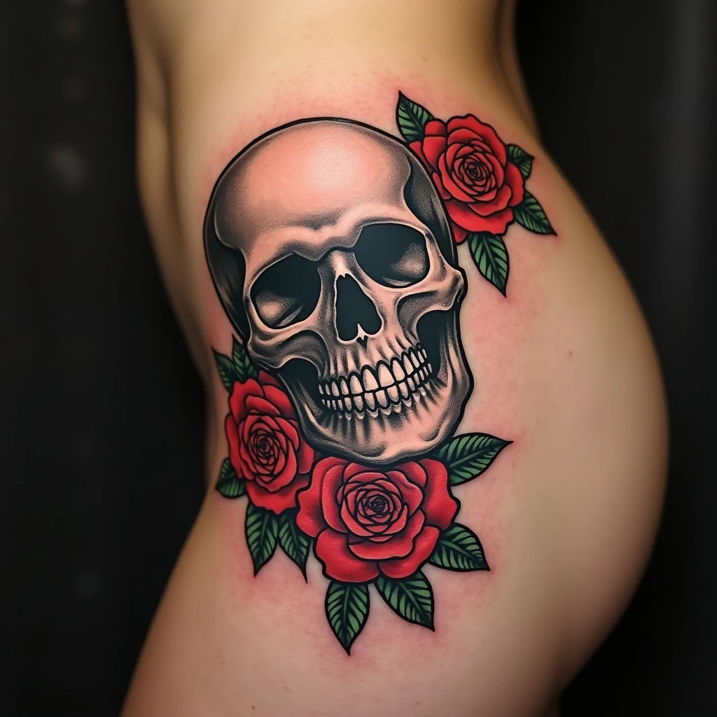 Classic Skull and Rose Tattoo: A Traditional Masterpiece
