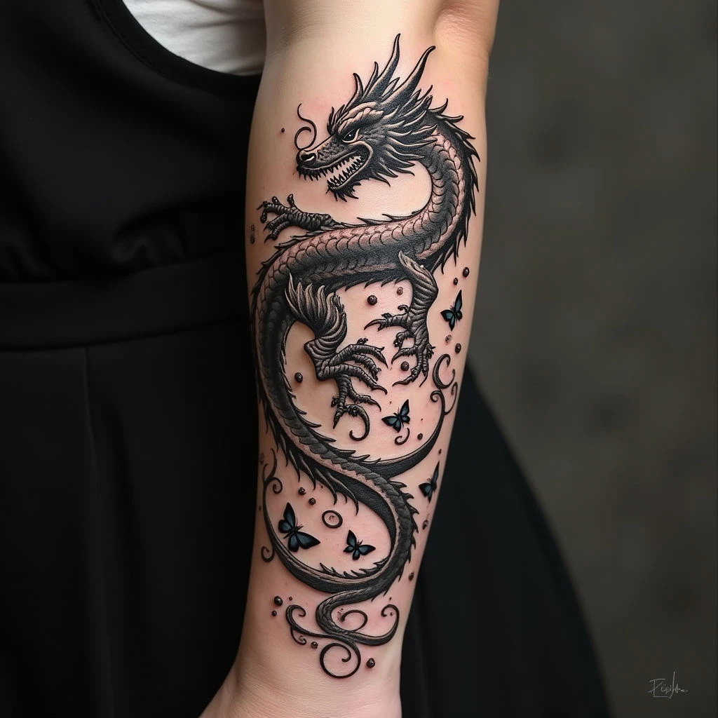 Classic Old School Dragon and Butterfly Sleeve Tattoo
