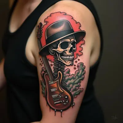 Classic Skull and Guitar Tattoo Design