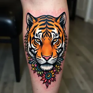Dynamic Old School Tattoo Trio: Tiger, Cat, and Woman