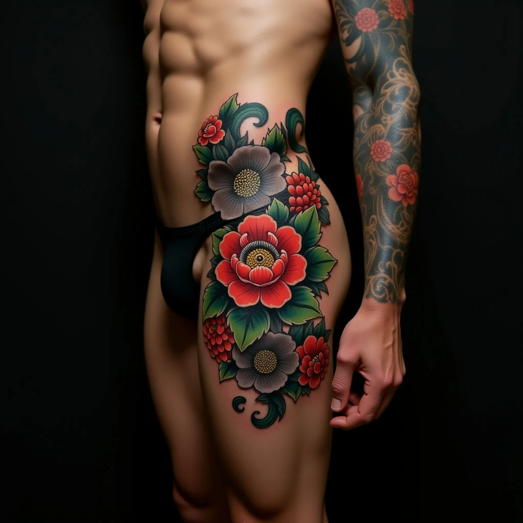 Powerful Last Name Tattoos for Men: Oriental Lettering on Hips