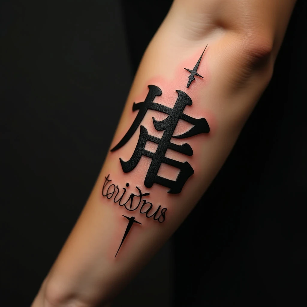 Elegant Oriental Name Tattoo on Hand - Brown & Black Design