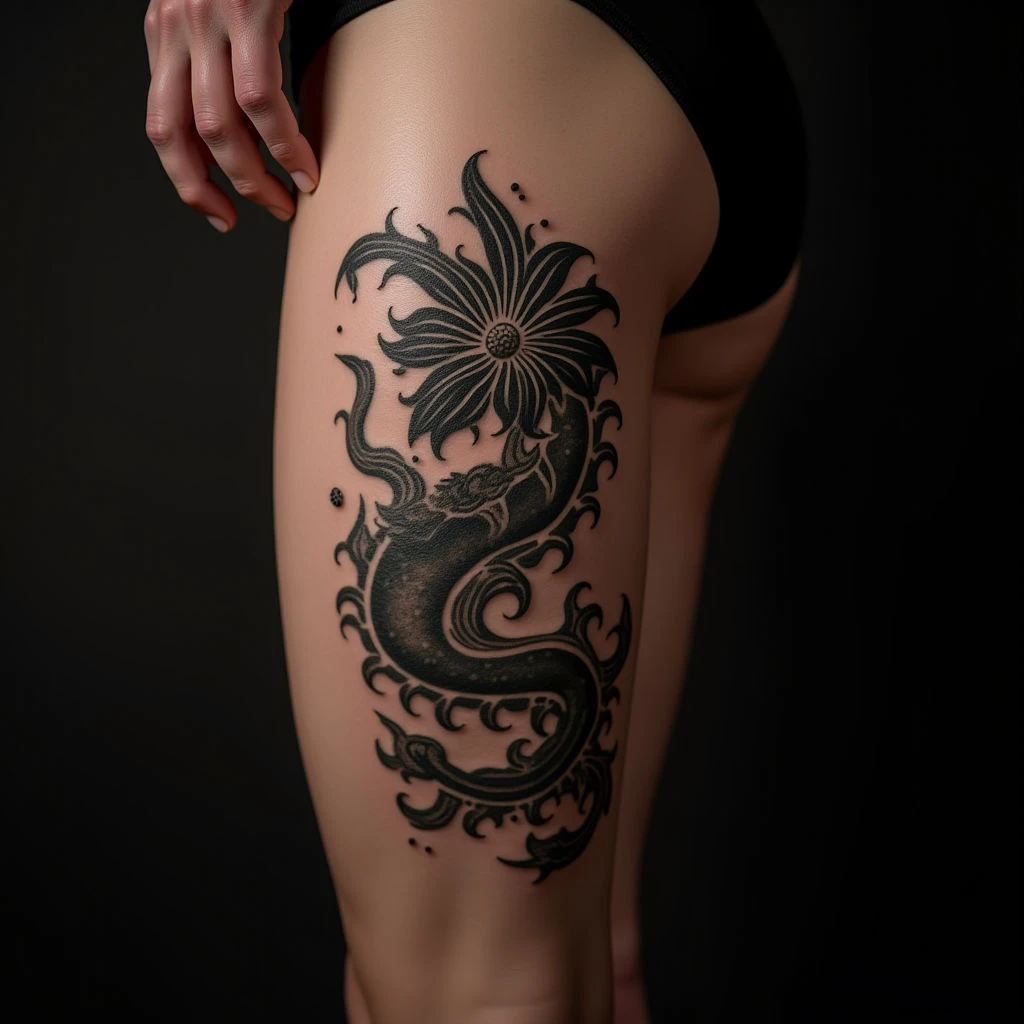 Majestic Oriental Thigh Tattoos: Green & Black XL Designs