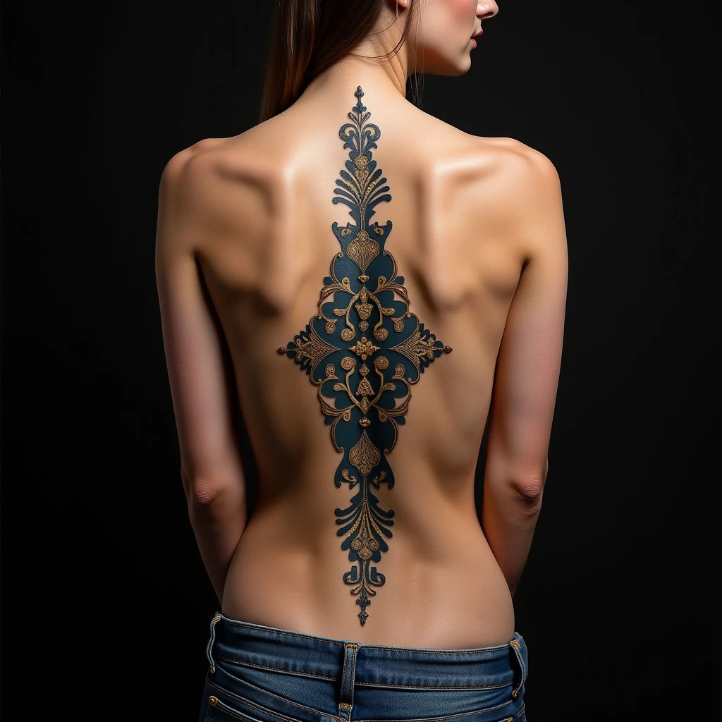 Ornamental Mother & Child Tattoo Designs on Spine - Blue & Gold