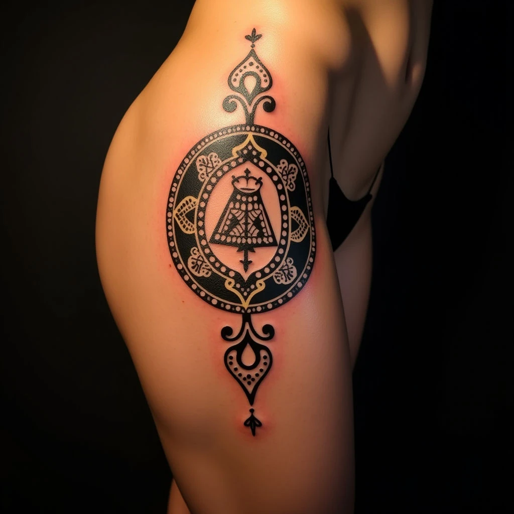 Meaningful Ornamental Father & Daughter Thigh Tattoos in Yellow