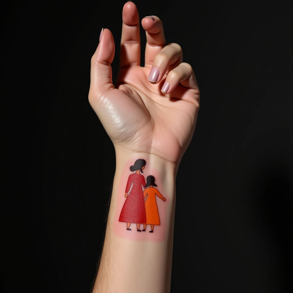Elegant Ornamental Mother and Child Wrist Tattoo in Red & Orange