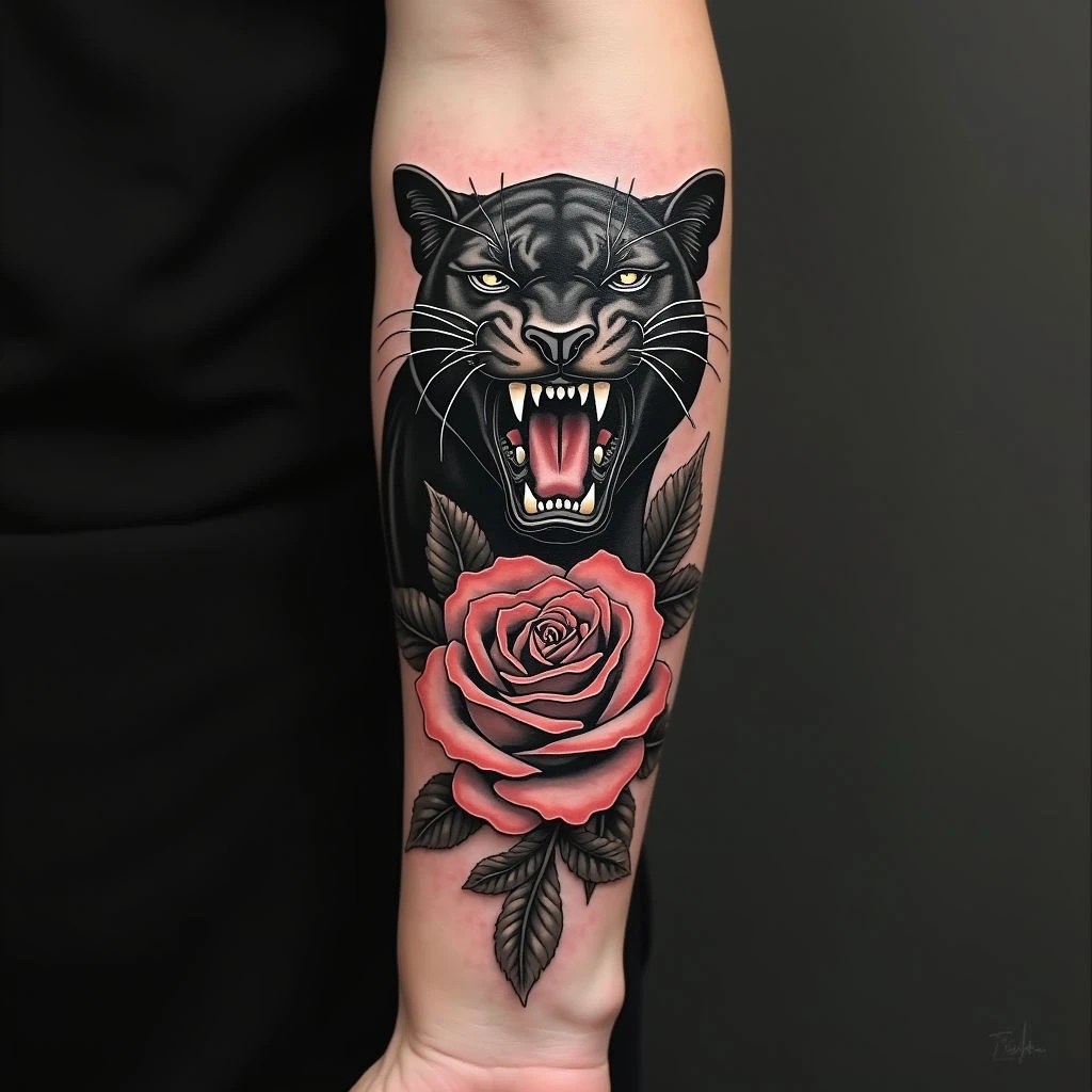 Neo-Traditional Panther and Rose Tattoo
