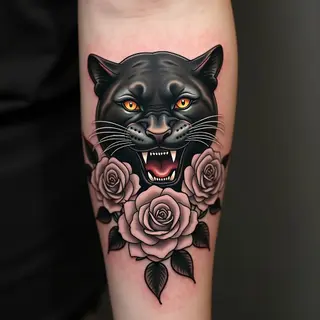 Neo-Traditional Panther and Rose Tattoo