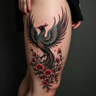 Majestic Phoenix Tattoo on Thigh - Neo-Traditional Design