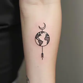 Minimalist Space Tattoo: Earth, Moon, and Arrow