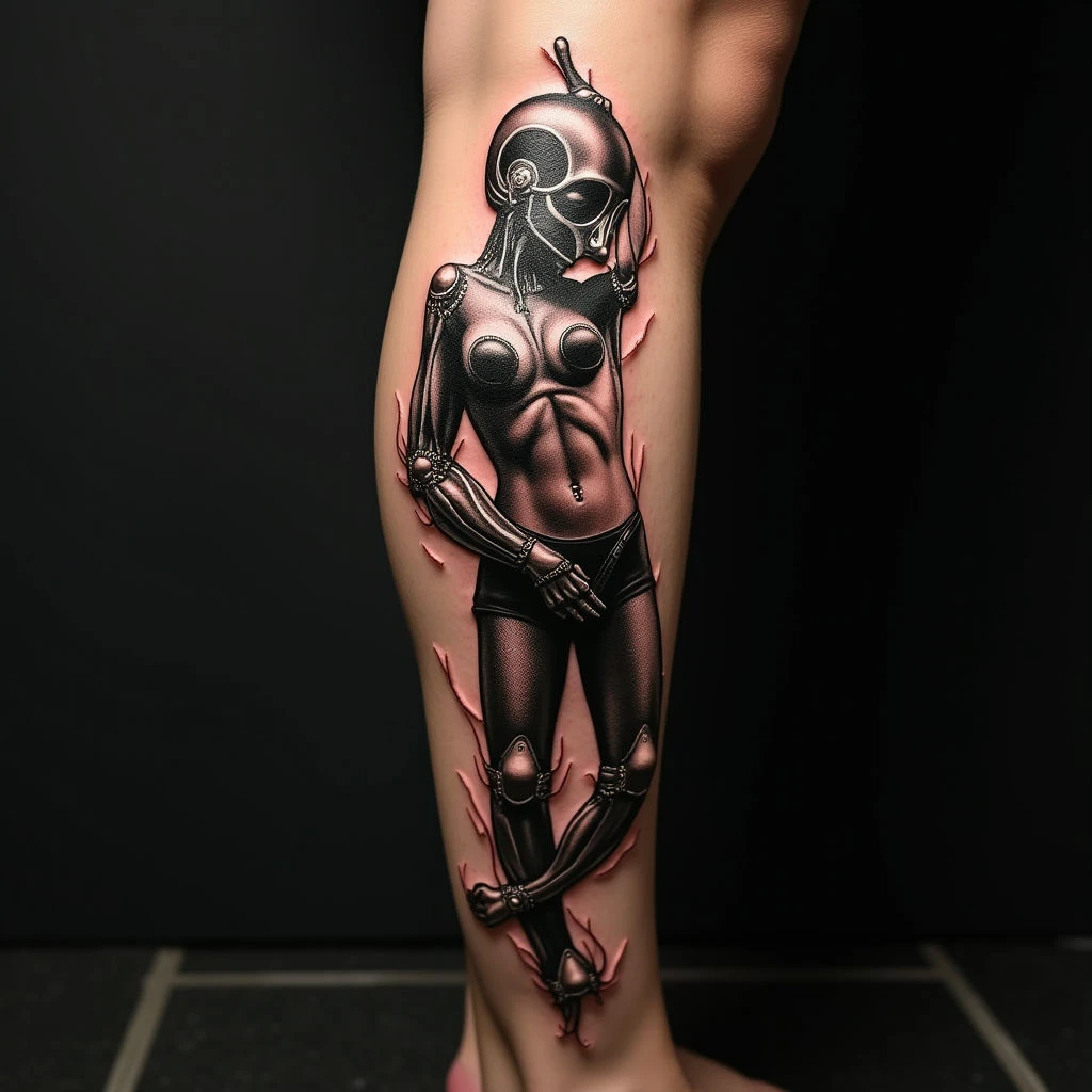 Metallic Biomechanical Leg Sleeve Tattoos - Inspiration & Ideas