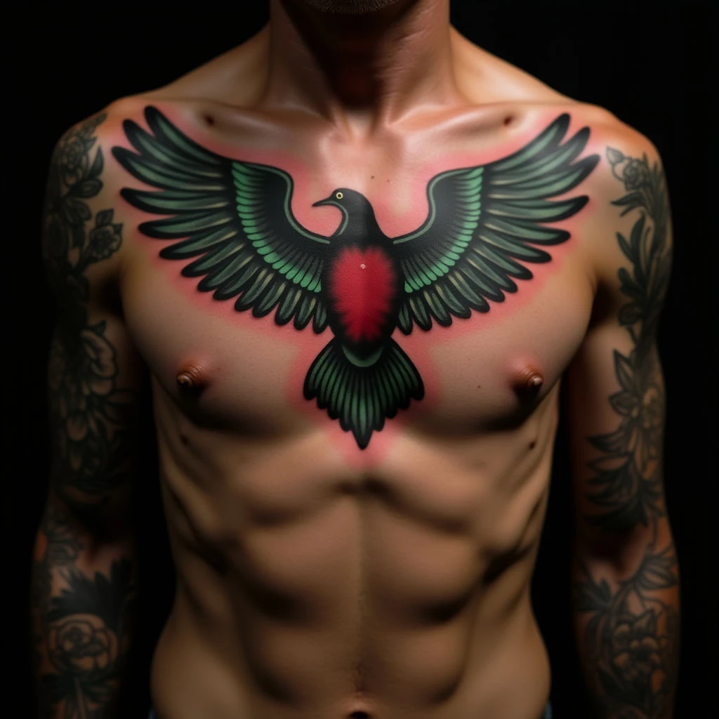 Epic Illustrative Sternum Tattoo: A World of Color & Detail