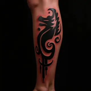 Striking Tribal Leg Tattoo with Black & Red Color Realism