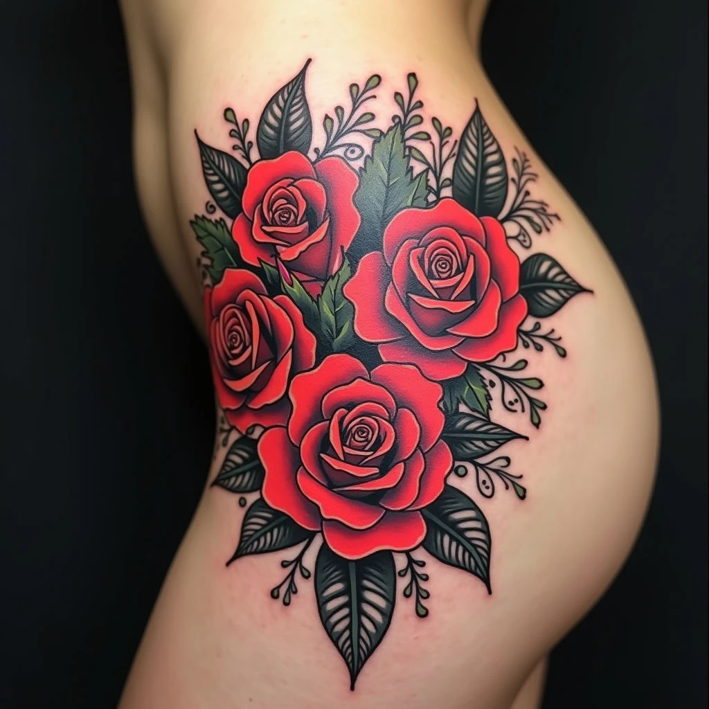 Crimson Bloom: A Gothic Rose Tattoo on the Hip