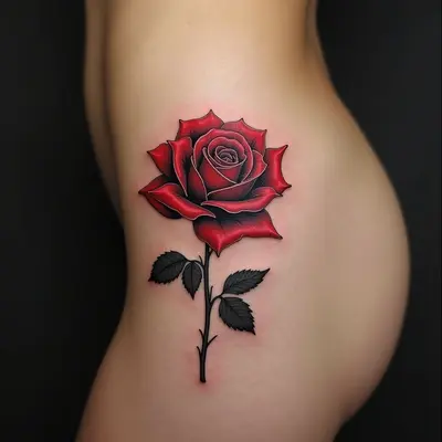 Elegant Red Rose Tattoo on the Hip