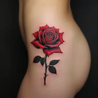 Elegant Red Rose Tattoo on the Hip