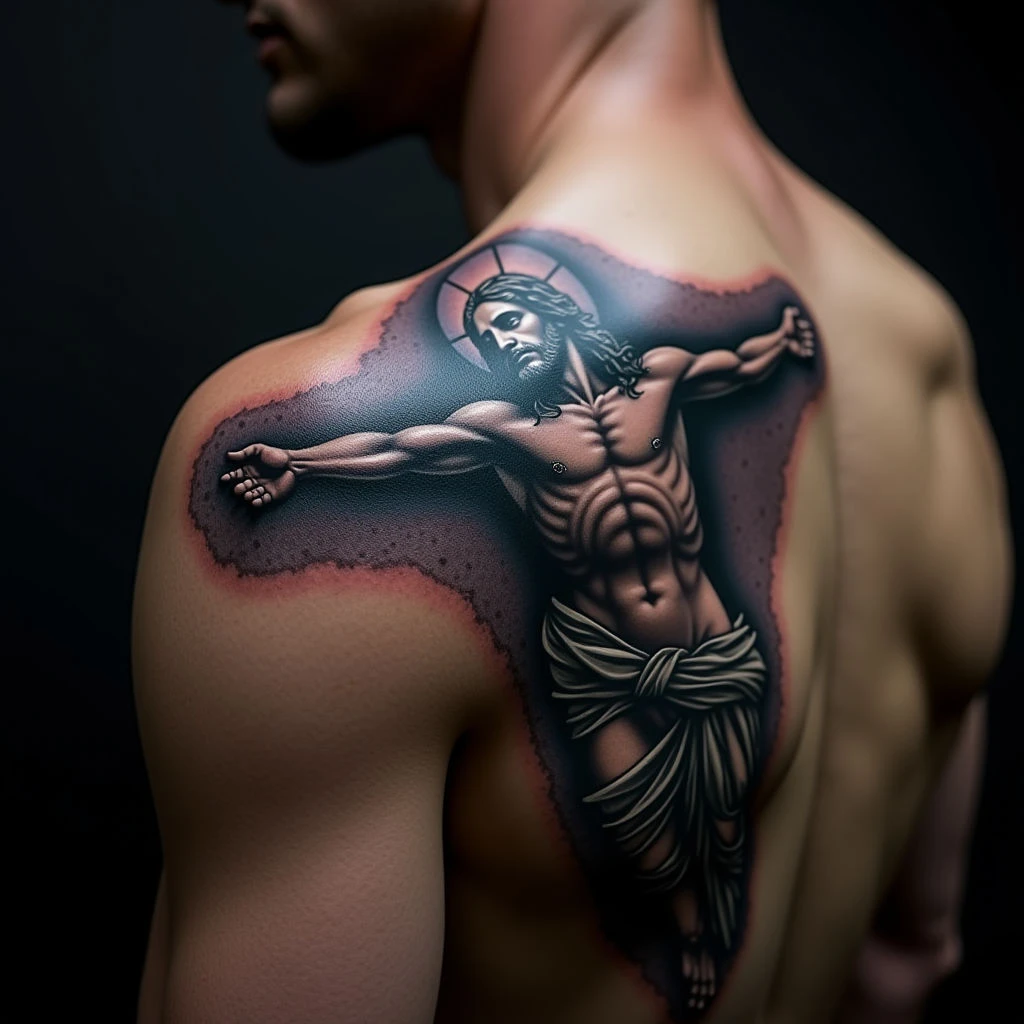 Biomechanical Religious Shoulder Tattoos: Faith & Art Combined