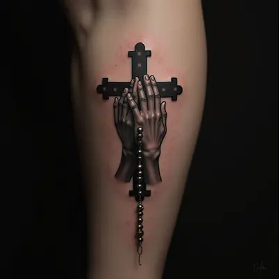 Praying Hands with Rosary and Cross Tattoo Design