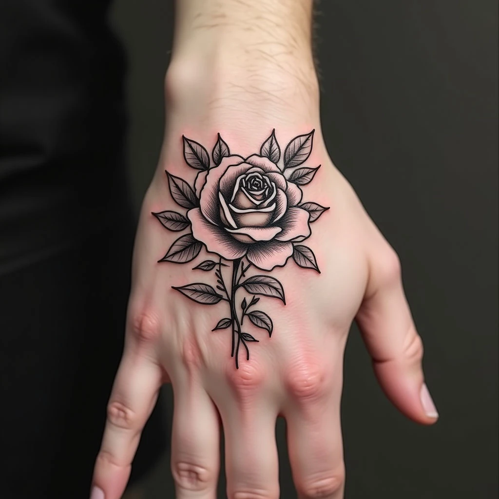 Delicate Rose Hand Tattoo: A Study in Blackwork and Line Detail