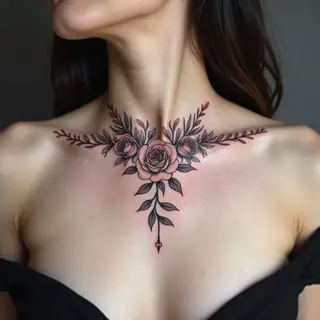 Elegant Rose Floral Collarbone Tattoo Design