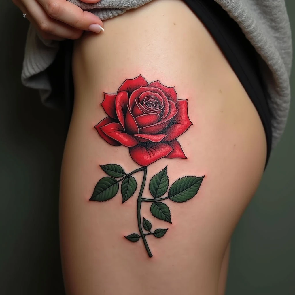Illustrative Rose Tattoo on Thigh