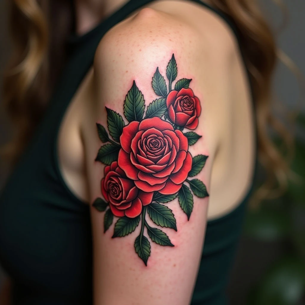 Radiant Red Roses: A Neo-Traditional Shoulder Tattoo