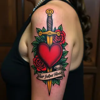 Traditional Heart and Rose Tattoo with Banner