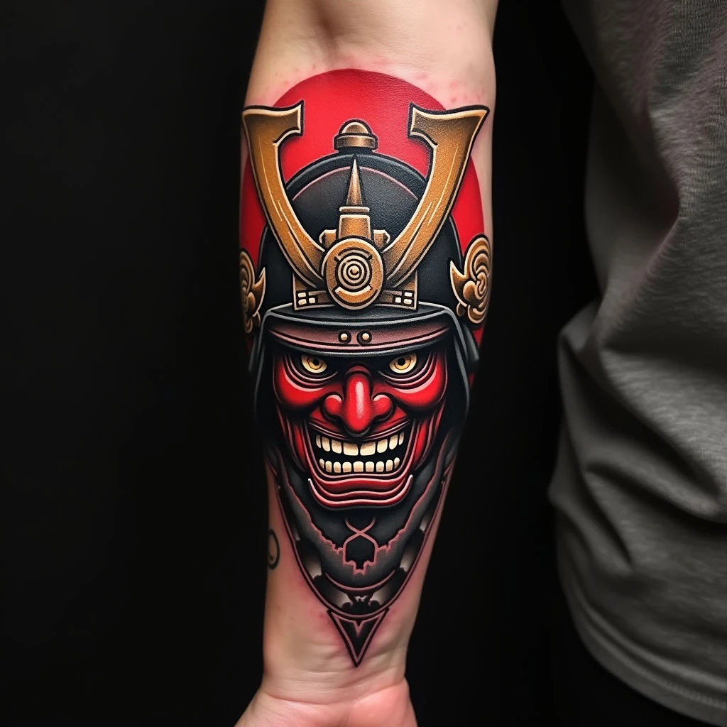 Intricate Samurai Mask Tattoo: A Study in Irezumi Tradition