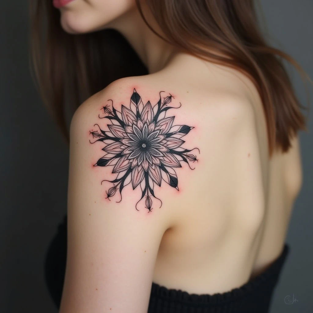 Delicate Floral Mandala Shoulder Tattoo