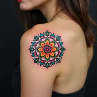 Vibrant Geometric Mandala Tattoo on Shoulder