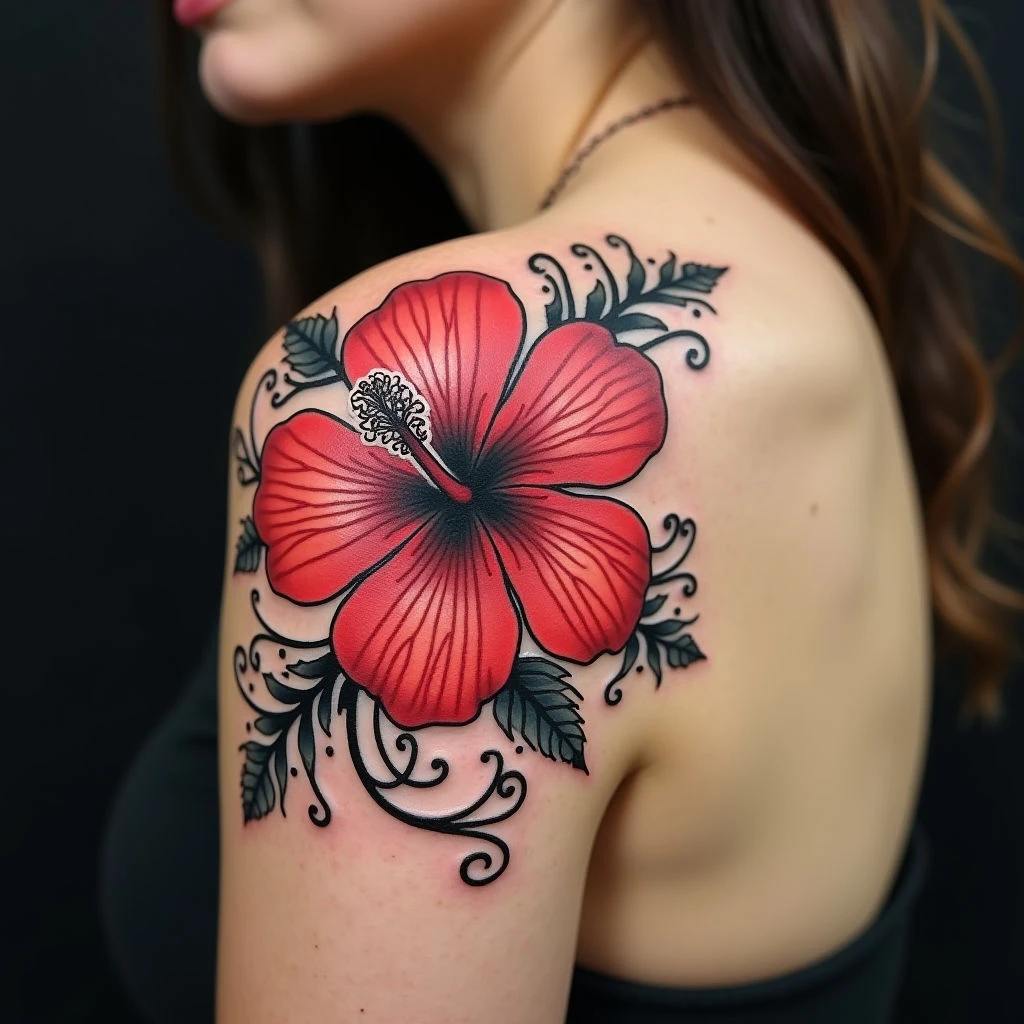 Vibrant Hibiscus Shoulder Tattoo Design